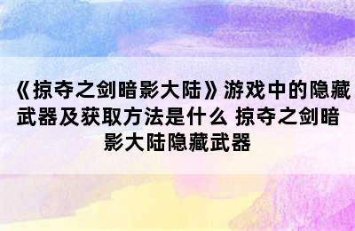 《掠夺之剑暗影大陆》游戏中的隐藏武器及获取方法是什么 掠夺之剑暗影大陆隐藏武器